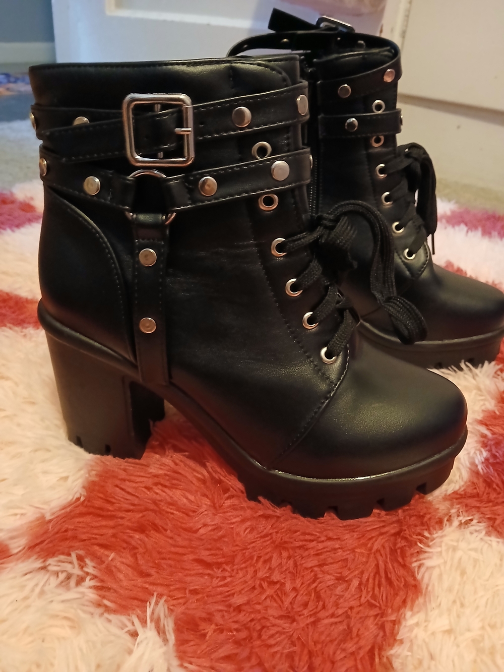 Black Platform Ankle Boots with Buckle Straps - Picture 1 of 5